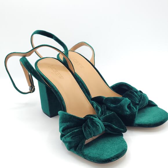J. Crew green velvet knotted peep toe sandal block heel women's size 10 - Picture 3 of 11
